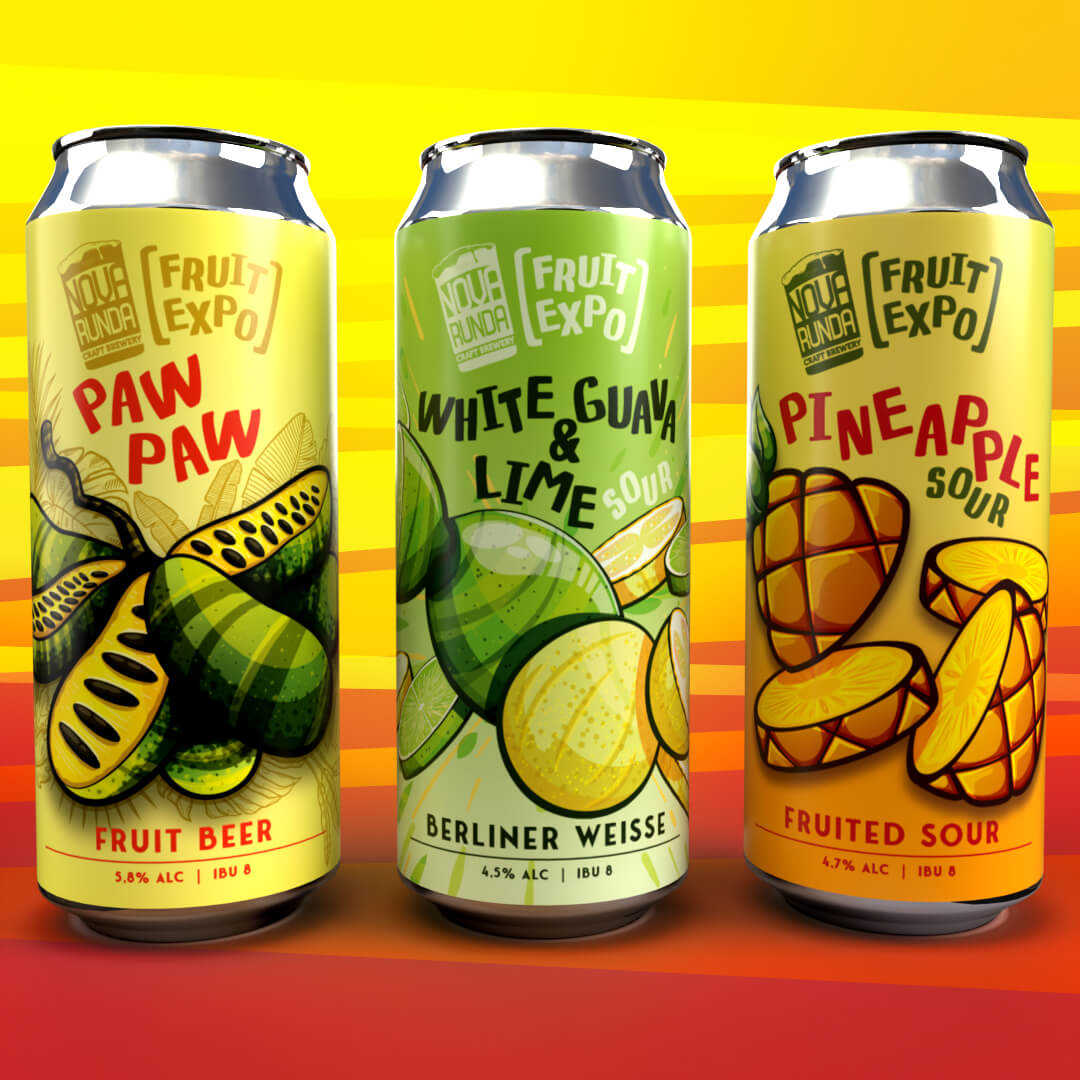 3 beer cans with fruity illustrated labels