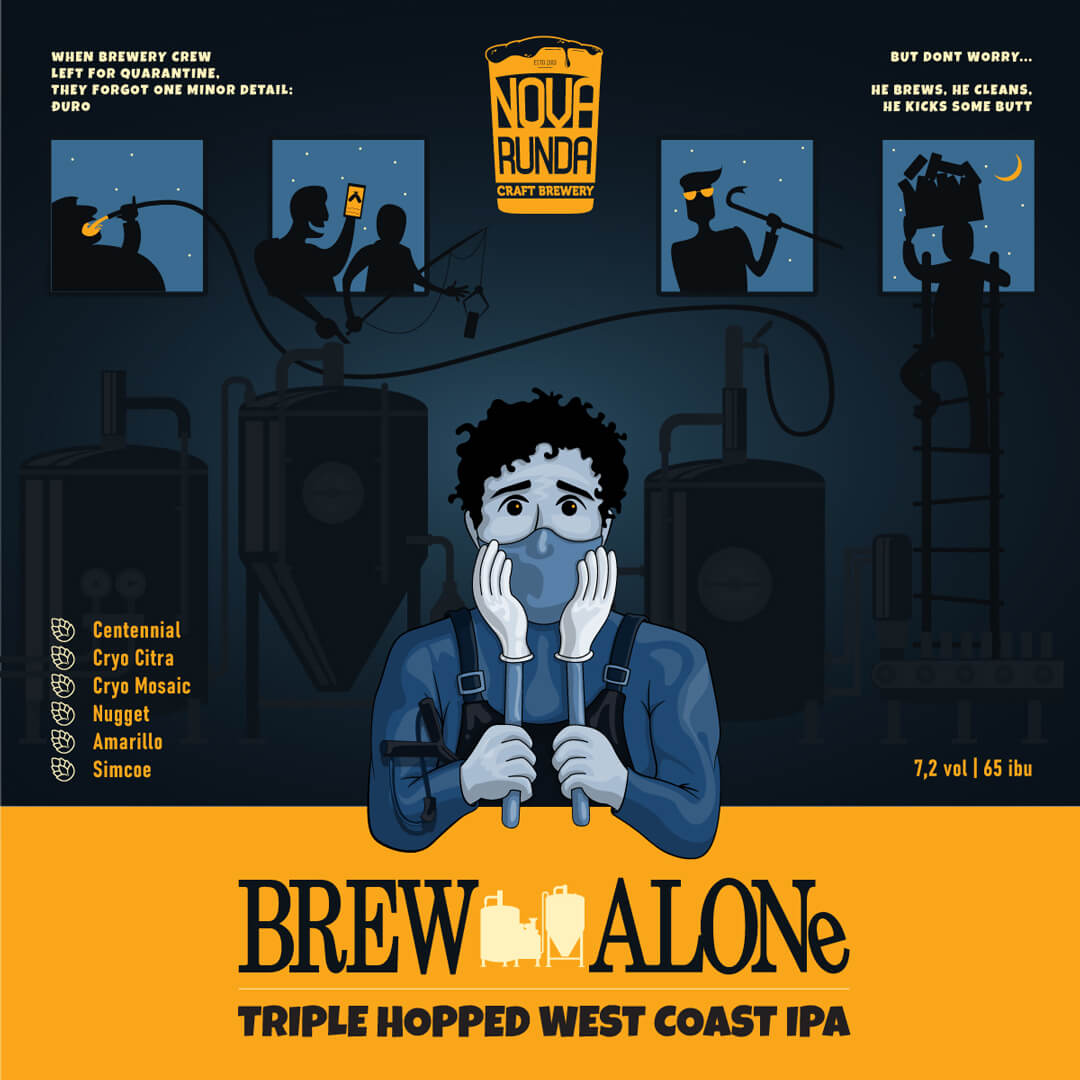 Illustration with brewer and burglars stealing beer in the dark brewery