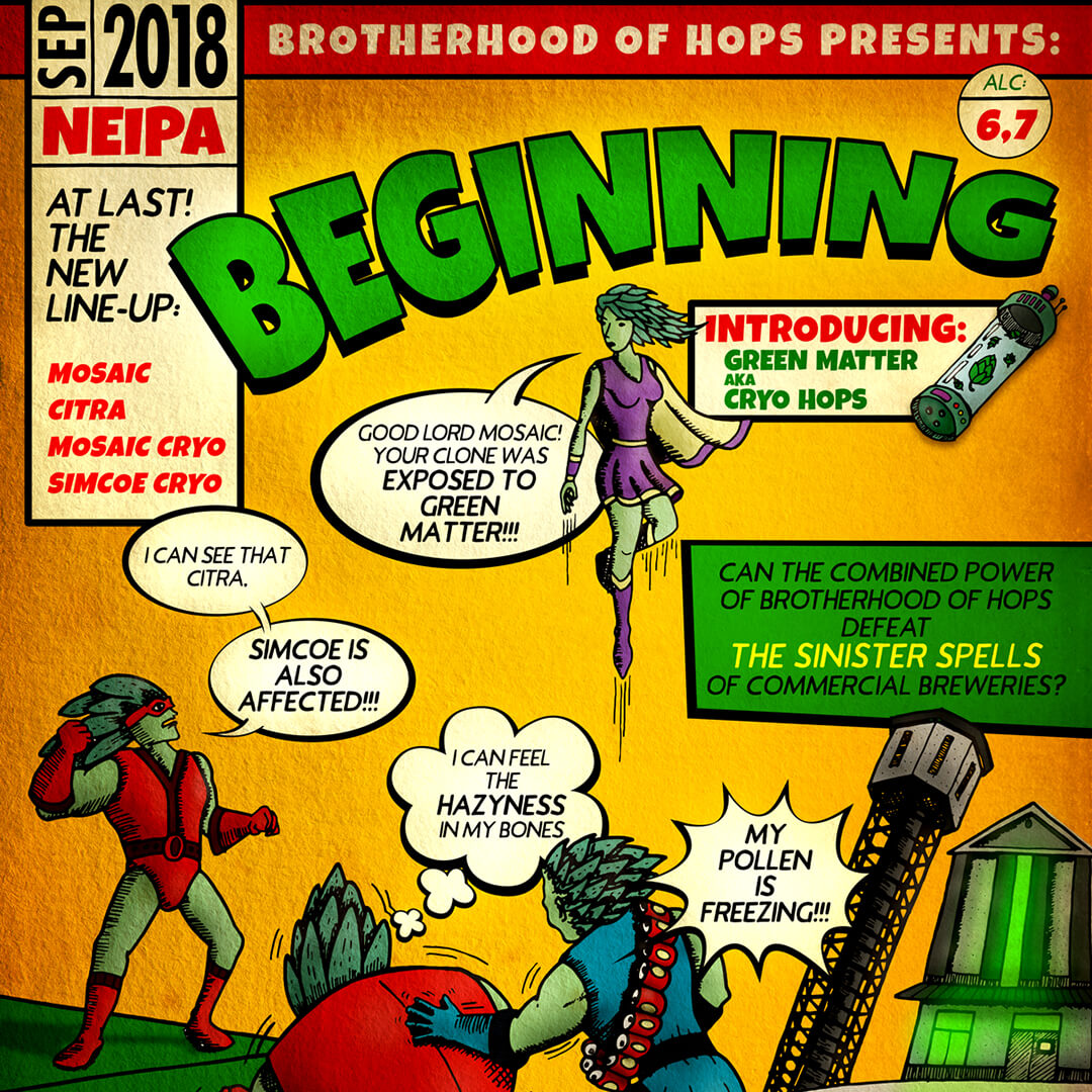 Retro comic book cover style illustration with beer related superheroes