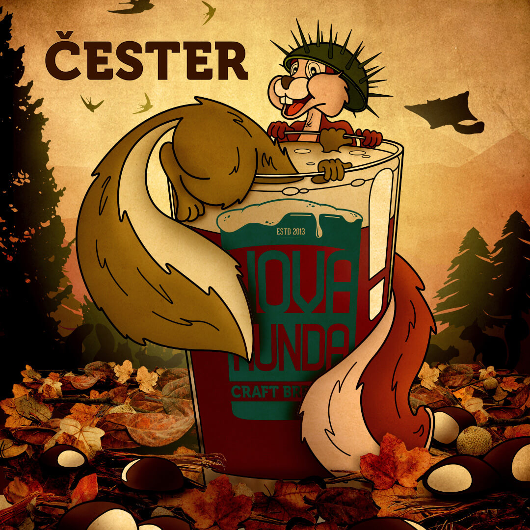 Illustration of two squirells drinking chestnut beer in a forest