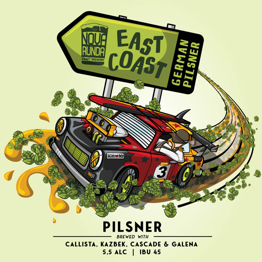 Craft beer illustration of East German car Trabant tuned up driving on hops