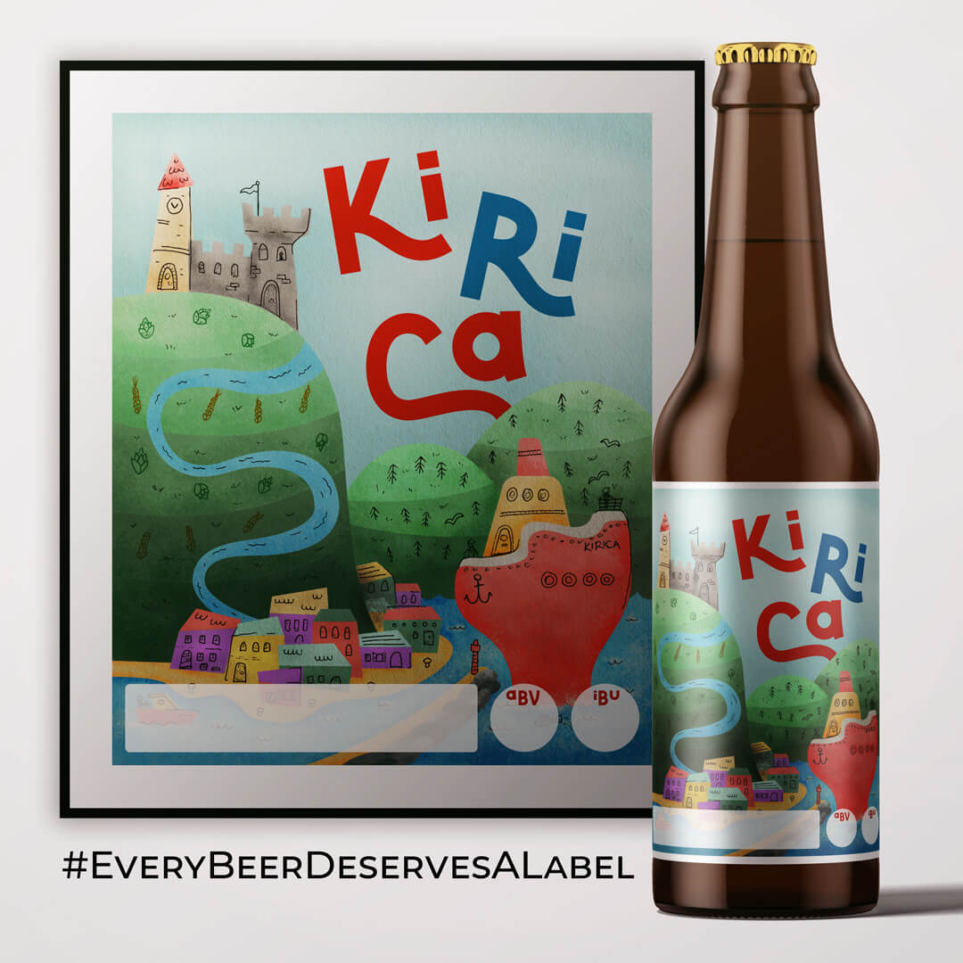 Small town and ship themed illustration on beer label