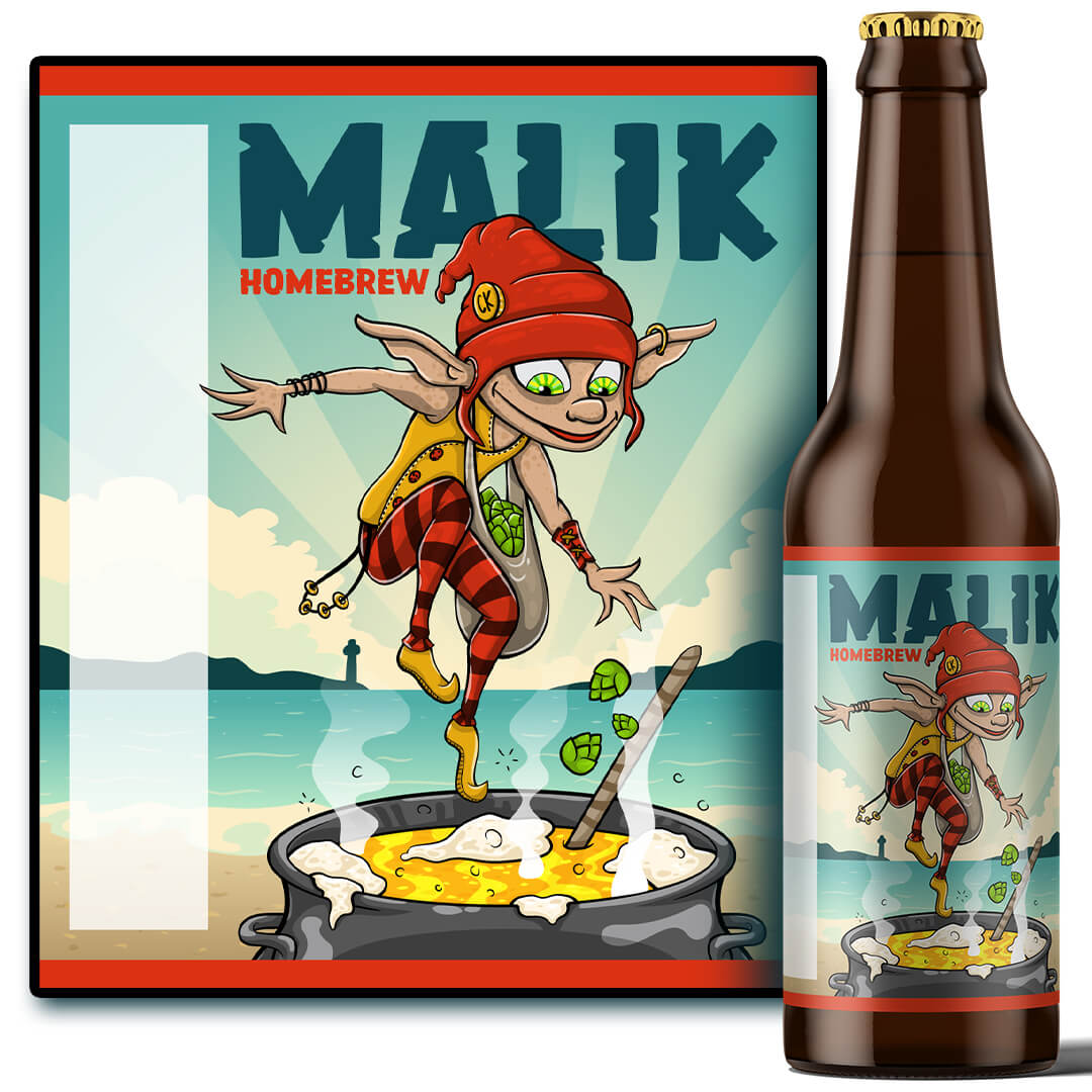 Happy Elf is brewing beer on the beach beer label illustration