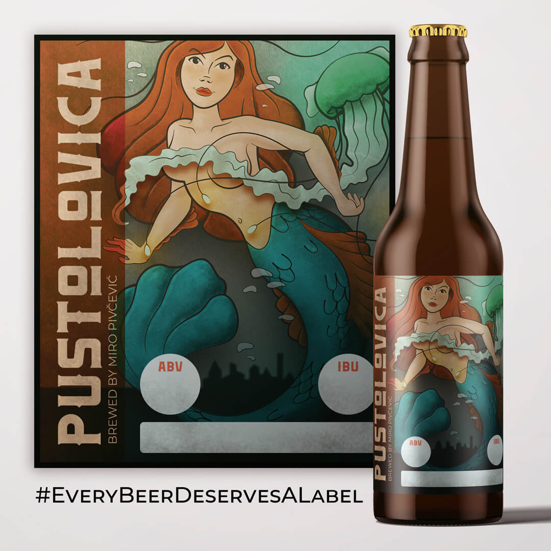 Bottles of beer with mermaid illustration on label