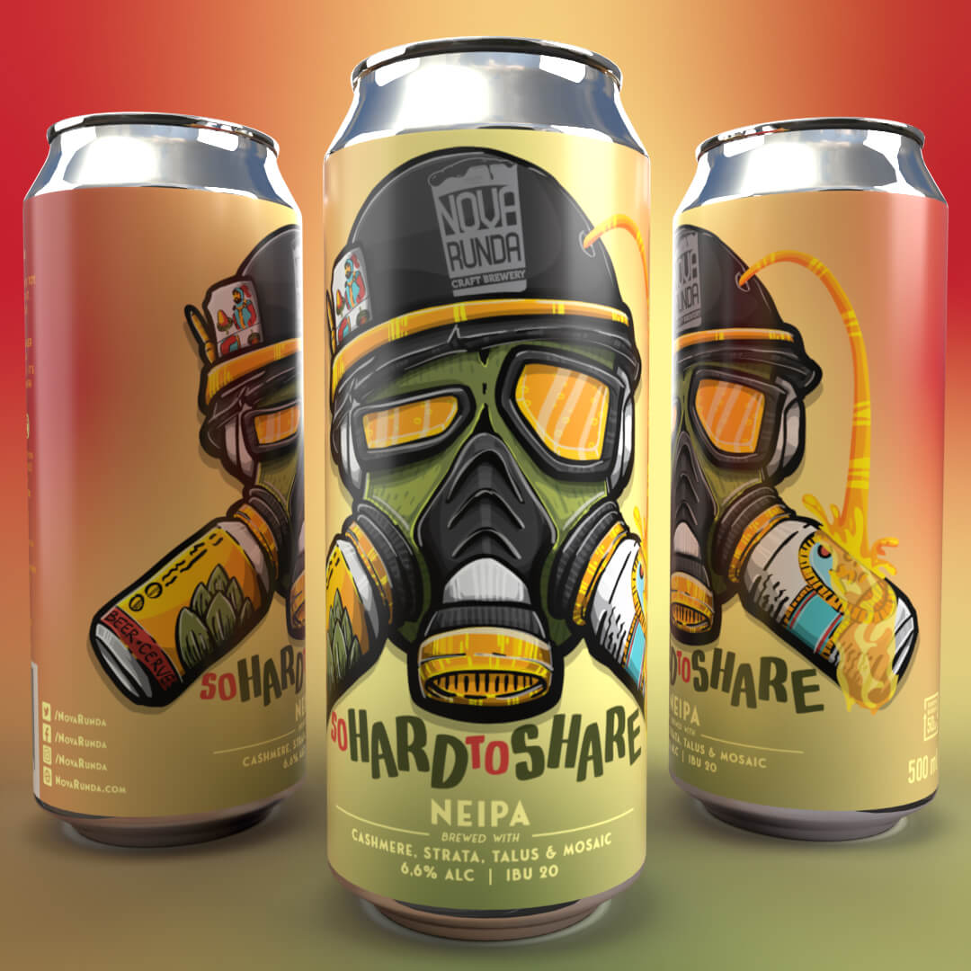 Can label illustration of gas mask with beer cans attached