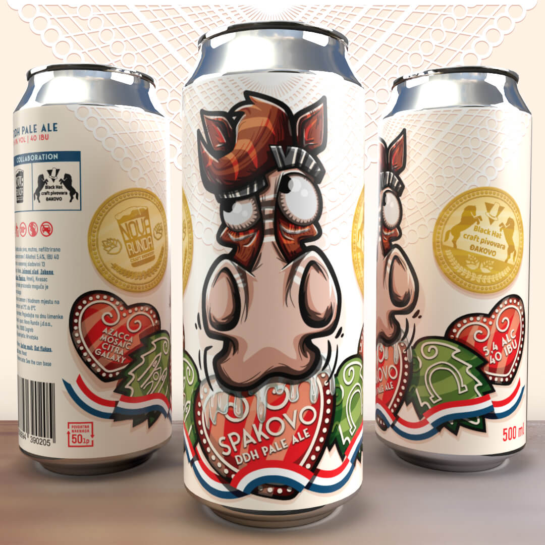 Beer can label with cartoony illustration of horse