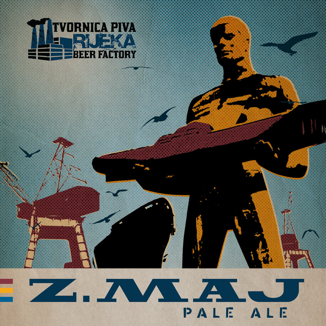 Retro style beer promo graphic with man holding ship statue