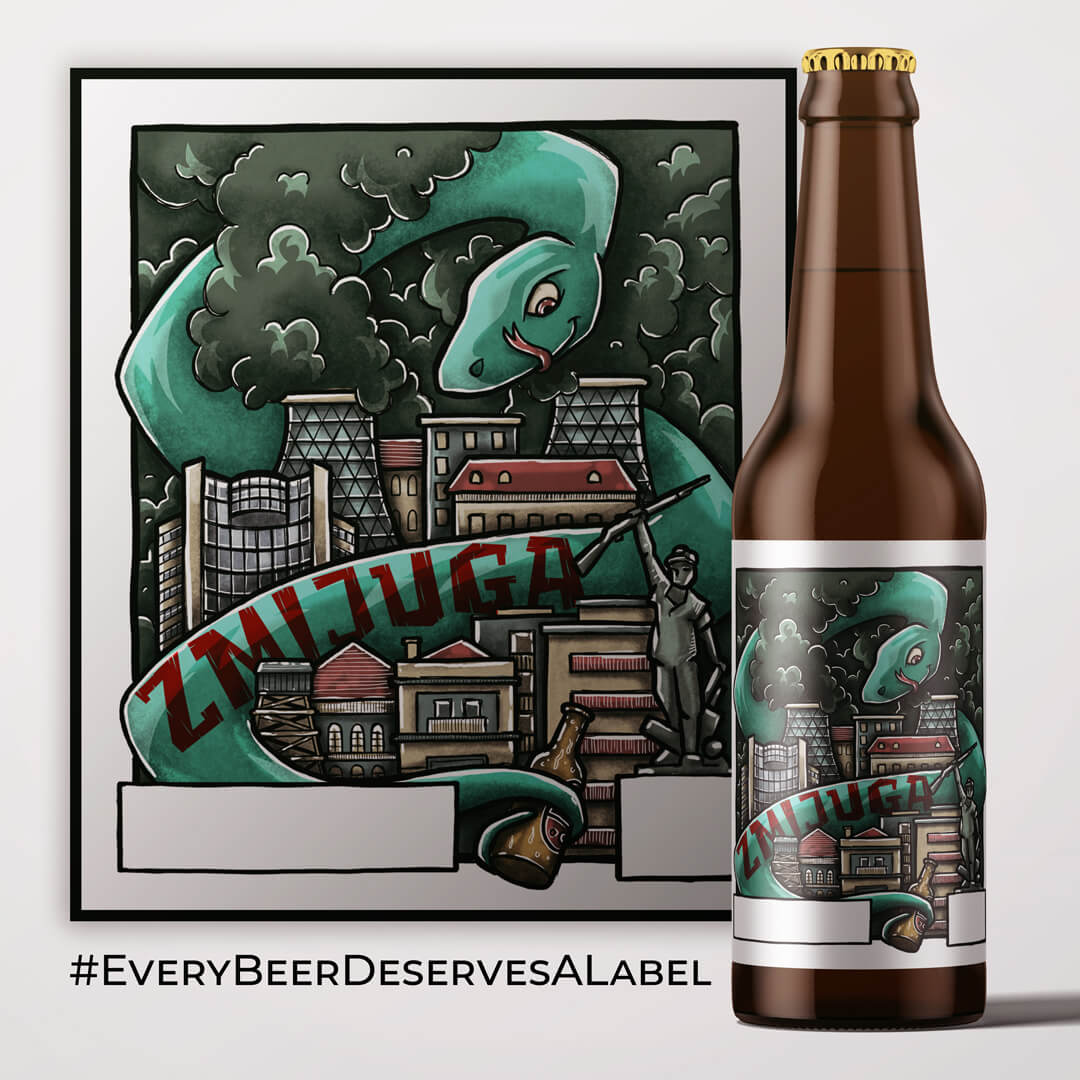 Homebreew beer bottle label illustration with giant snake around city of Tuzla